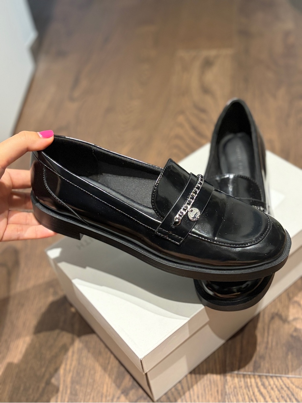 Charles & Keith Black Faux Leather Chain-Detail Loafers